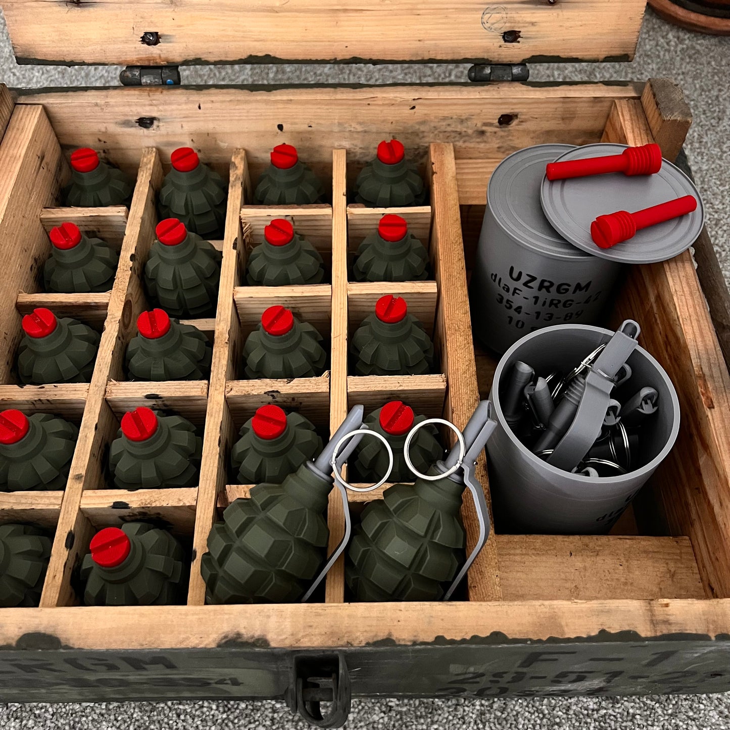 Genuine Polish Soviet F-1 Grenade Crate With 20 x 3D Printed Replica Grenades