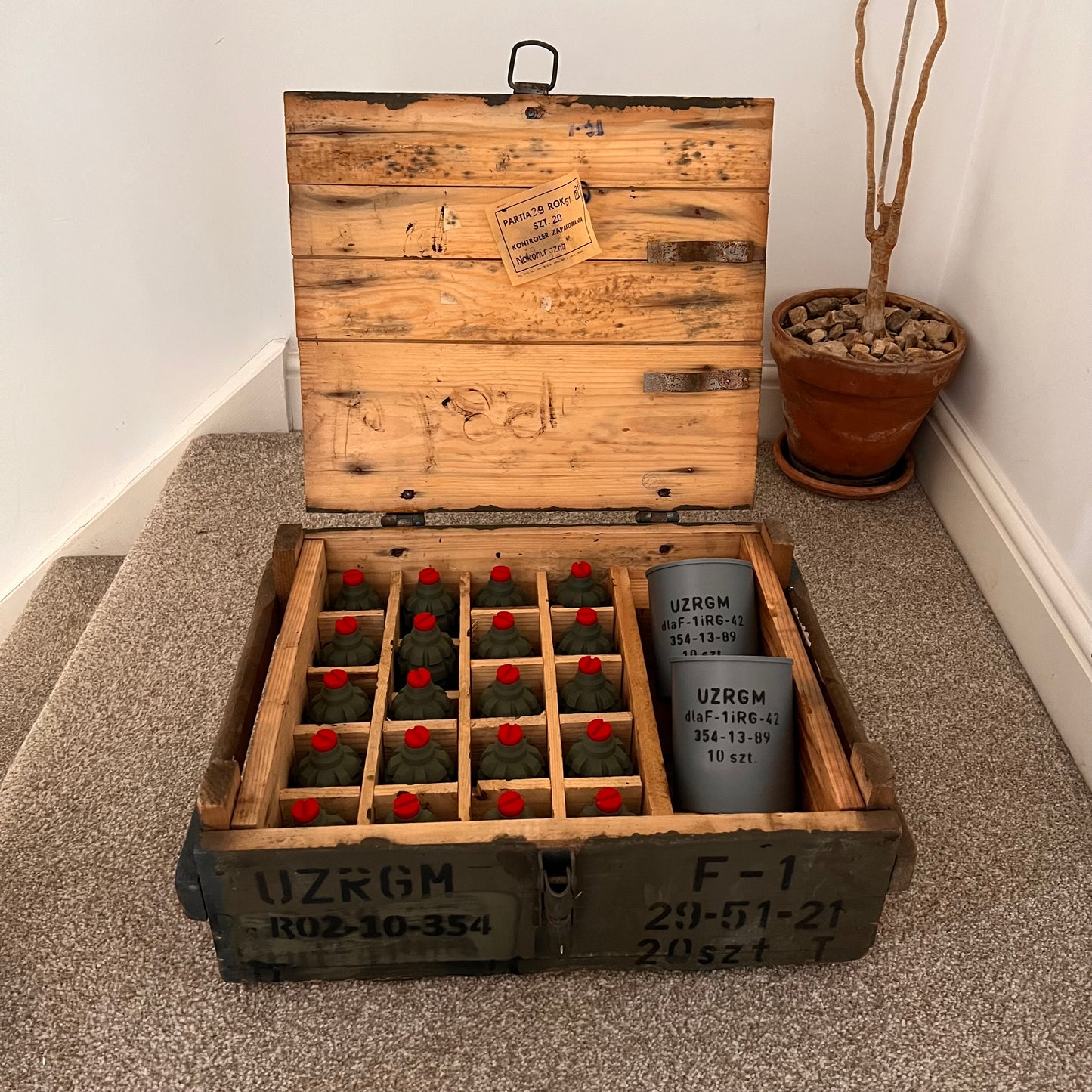 Genuine Polish Soviet F-1 Grenade Crate With 20 x 3D Printed Replica Grenades