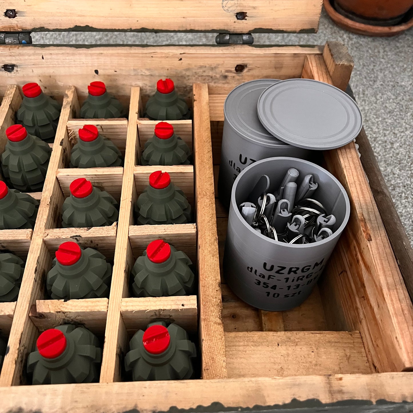 Genuine Polish Soviet F-1 Grenade Crate With 20 x 3D Printed Replica Grenades