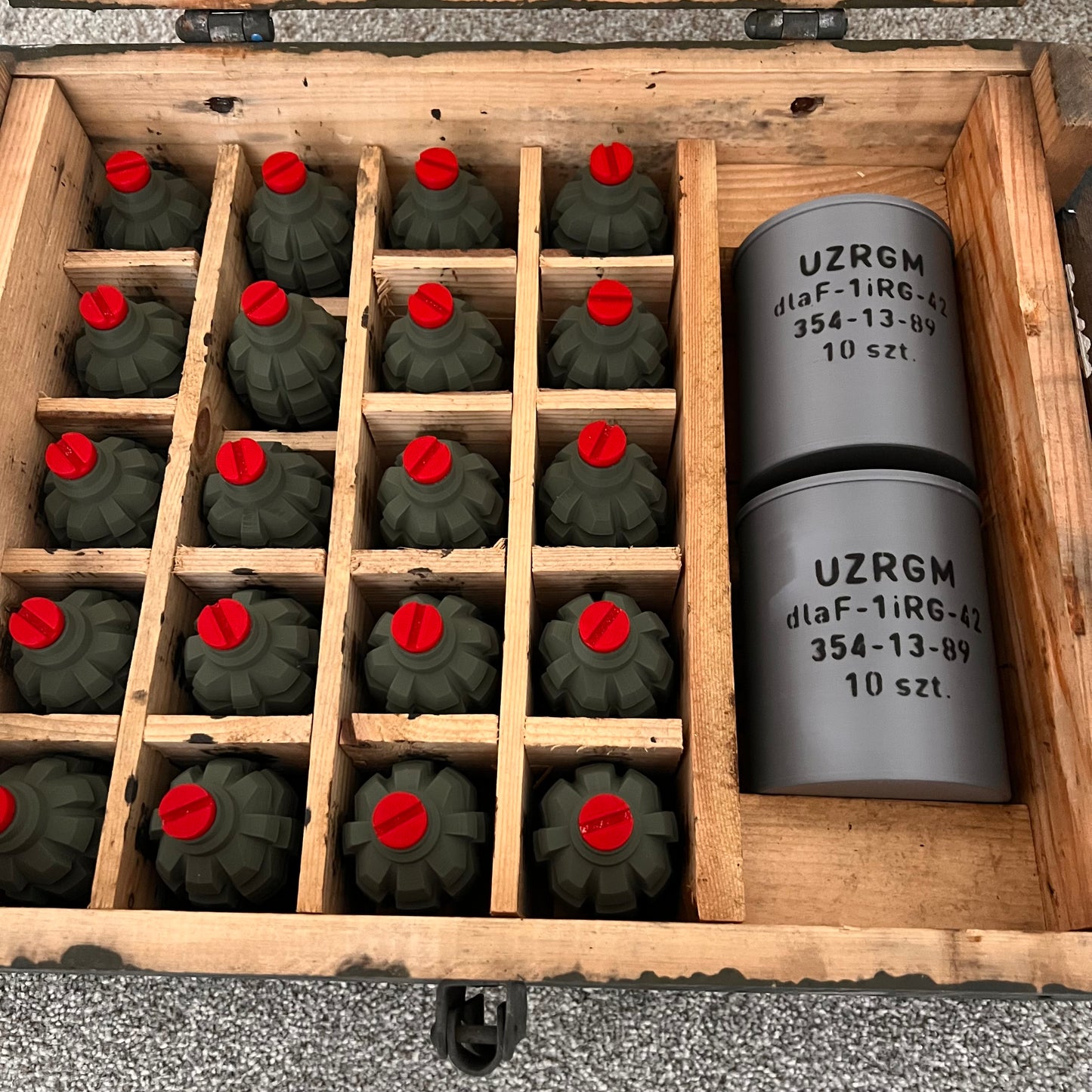 Genuine Polish Soviet F-1 Grenade Crate With 20 x 3D Printed Replica Grenades